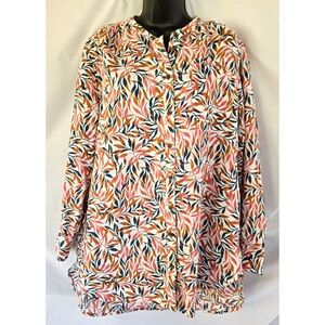 Lands' End▪️Linen Collarless Button Down Colorful Leaf Print Tunic w/ Pockets